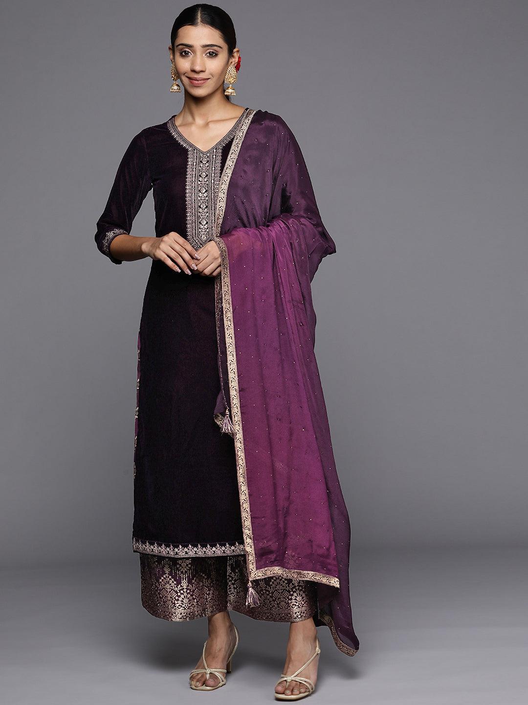 Purple Yoke Design Velvet Straight Suit Set