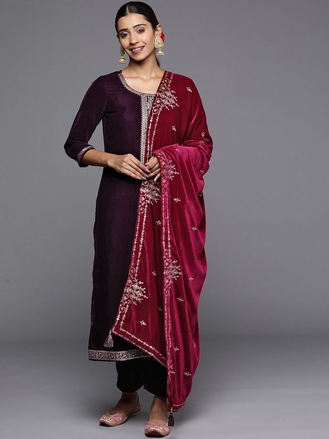 Purple Yoke Design Velvet Straight Suit Set - ShopLibas