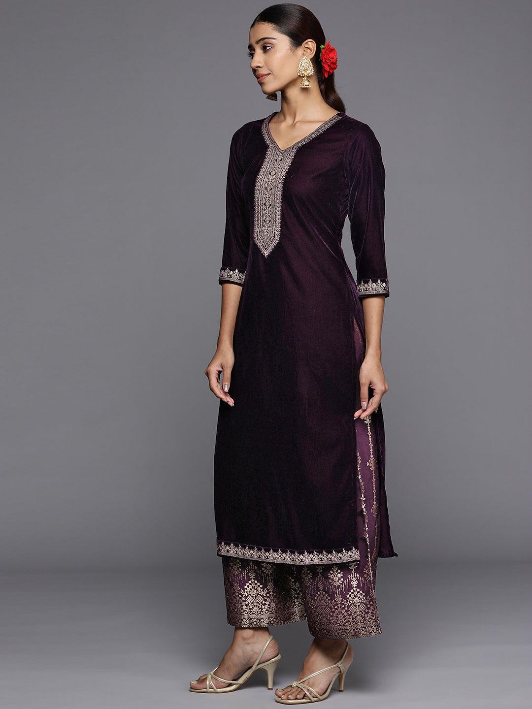 Purple Yoke Design Velvet Straight Suit Set