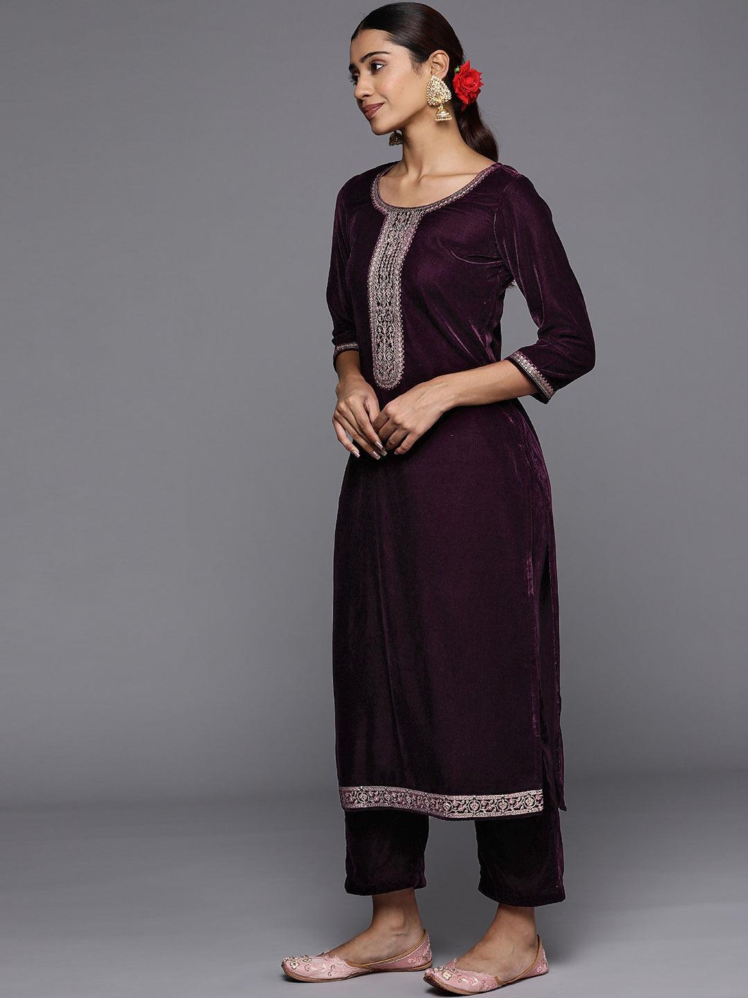 Purple Yoke Design Velvet Straight Suit Set - ShopLibas