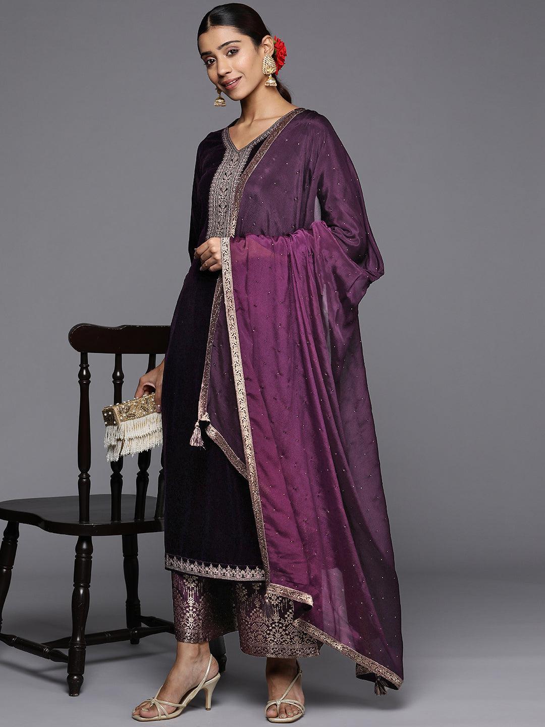 Purple Yoke Design Velvet Straight Suit Set