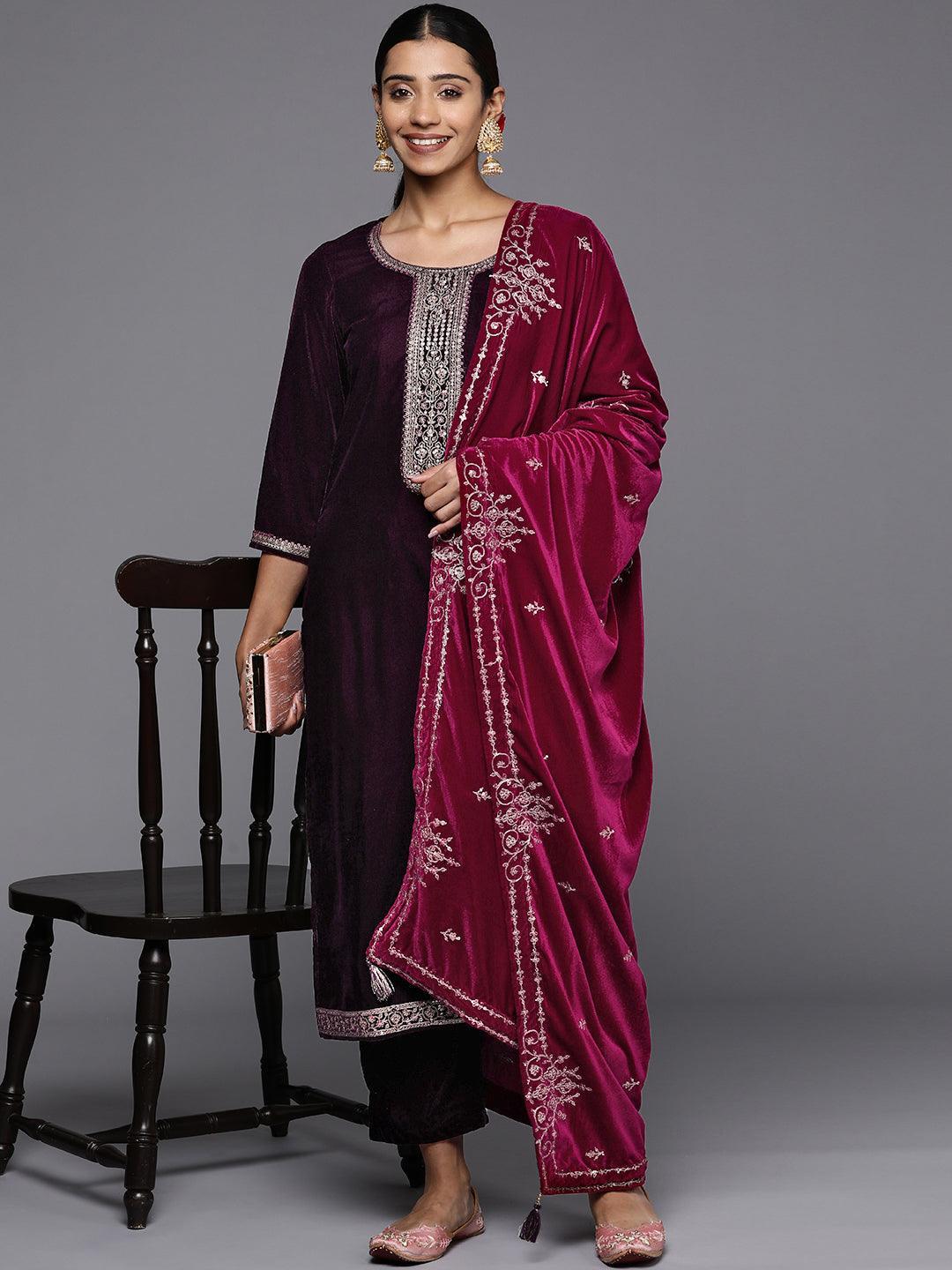 Purple Yoke Design Velvet Straight Suit Set