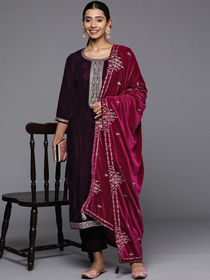 Purple Yoke Design Velvet Straight Suit Set - ShopLibas