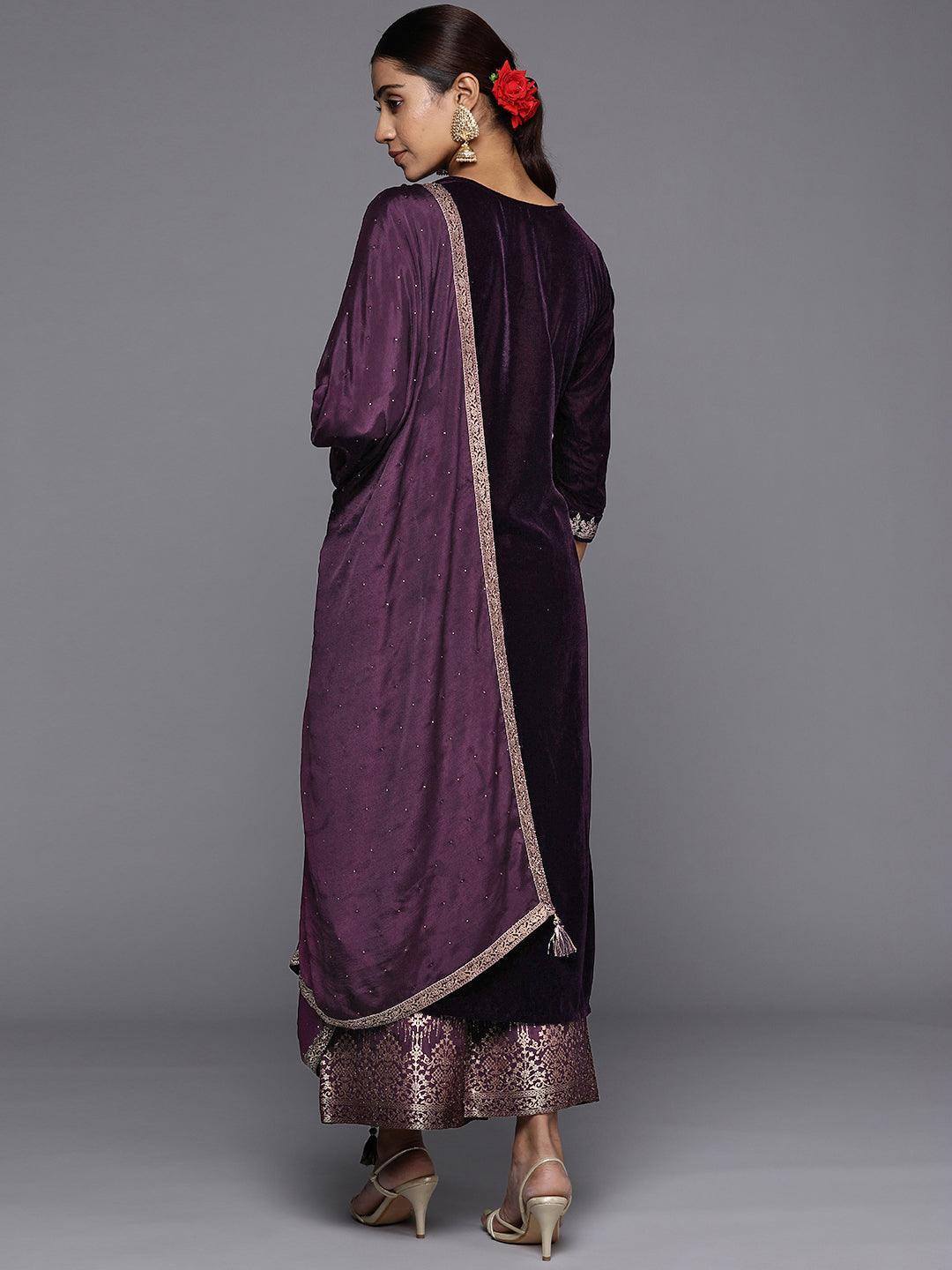 Purple Yoke Design Velvet Straight Suit Set