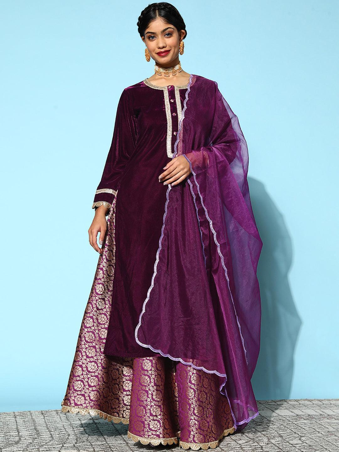 Purple Yoke Design Velvet Straight Suit Set