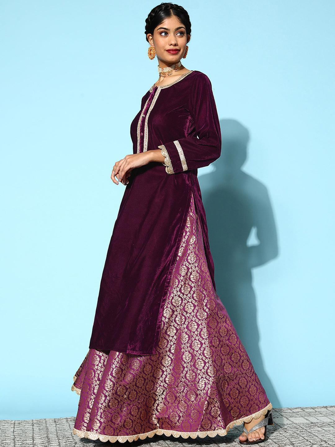 Purple Yoke Design Velvet Straight Suit Set