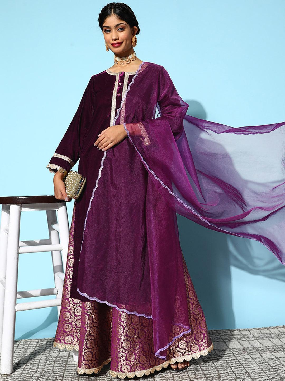 Purple Yoke Design Velvet Straight Suit Set - ShopLibas