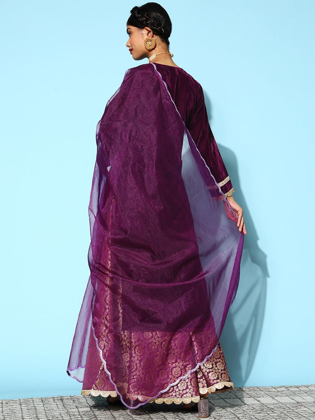 Purple Yoke Design Velvet Straight Suit Set