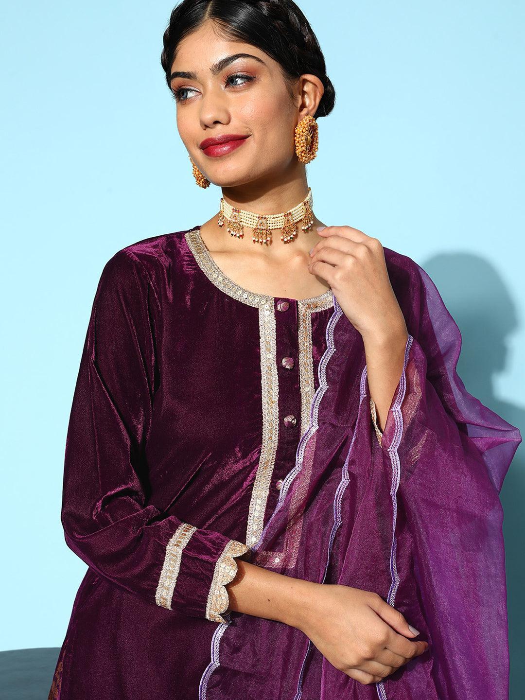 Purple Yoke Design Velvet Straight Suit Set