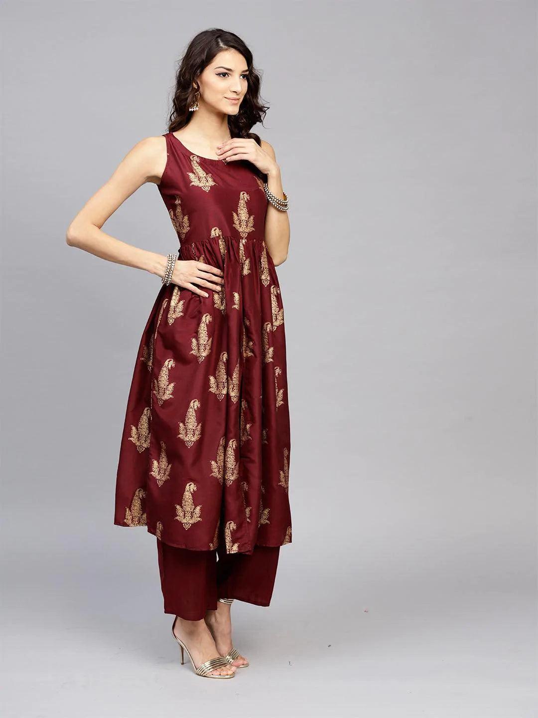 Maroon Printed Muslin Kurta Set