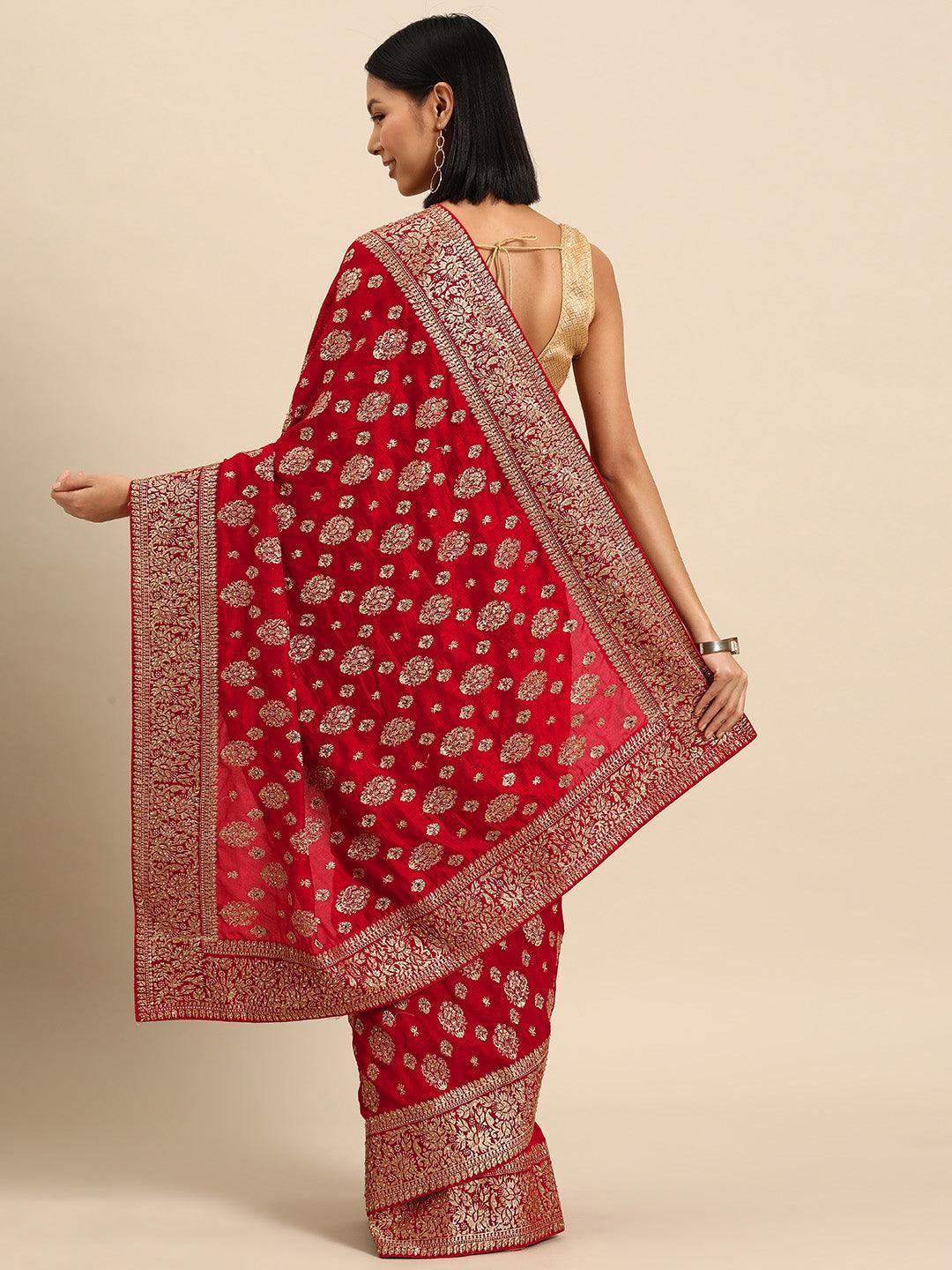 Red Embroidered Silk Blend Saree