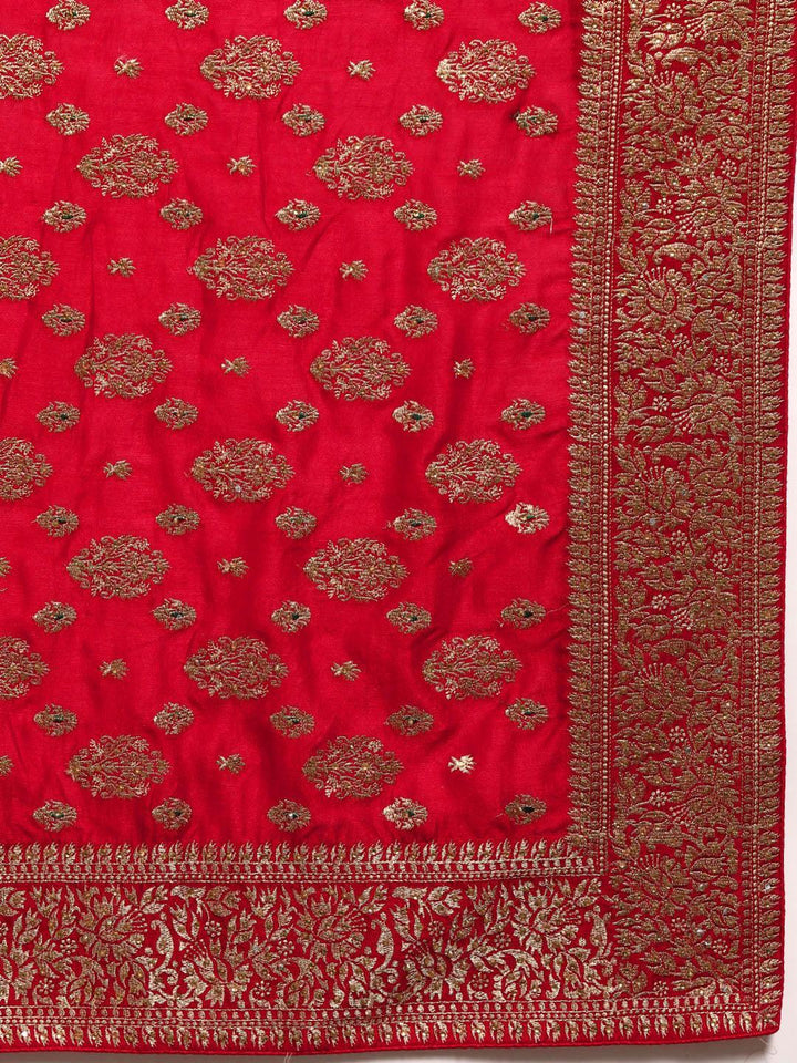 Red Embroidered Silk Blend Saree - Libas