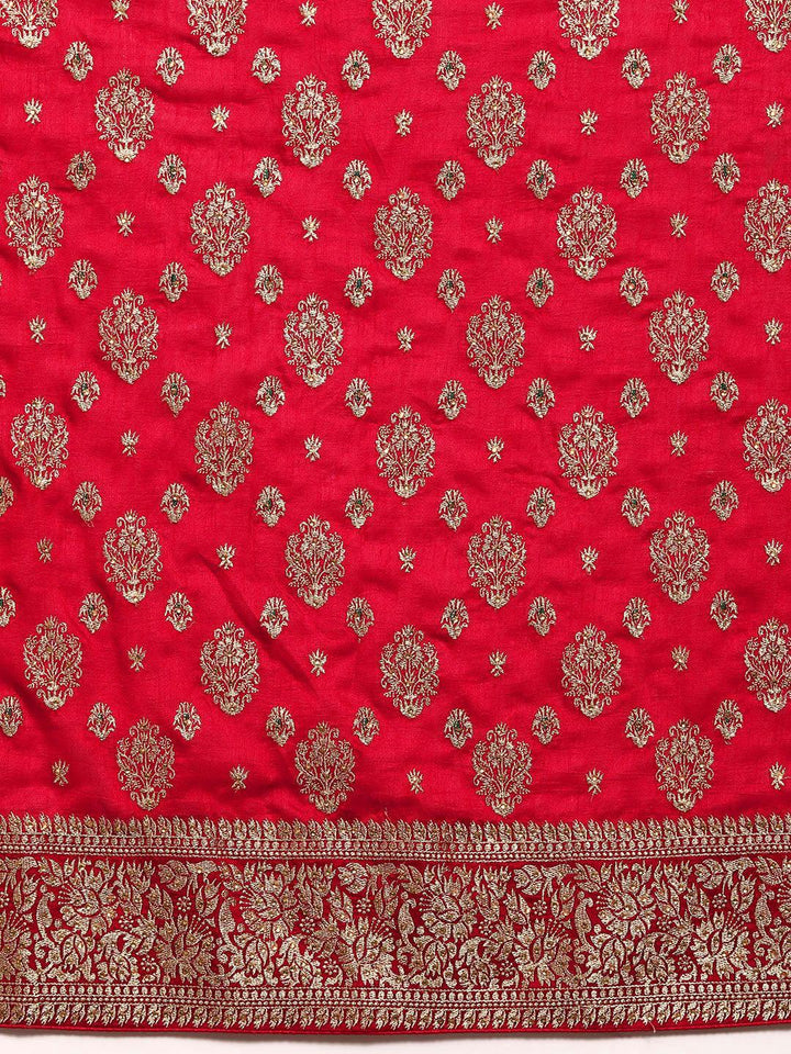 Red Embroidered Silk Blend Saree - Libas