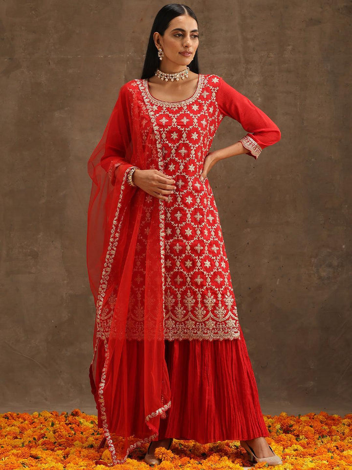 Red Embroidered Silk Blend Straight Suit Set With Sharara - ShopLibas