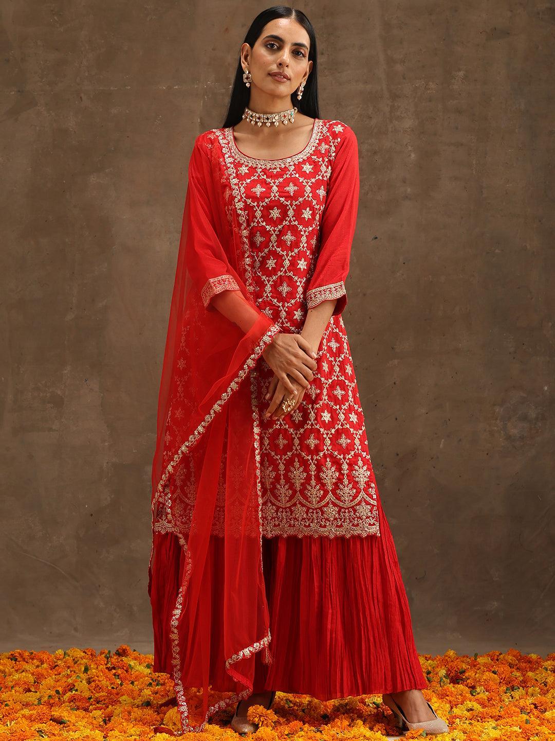 Red Embroidered Silk Blend Straight Suit Set With Sharara - ShopLibas