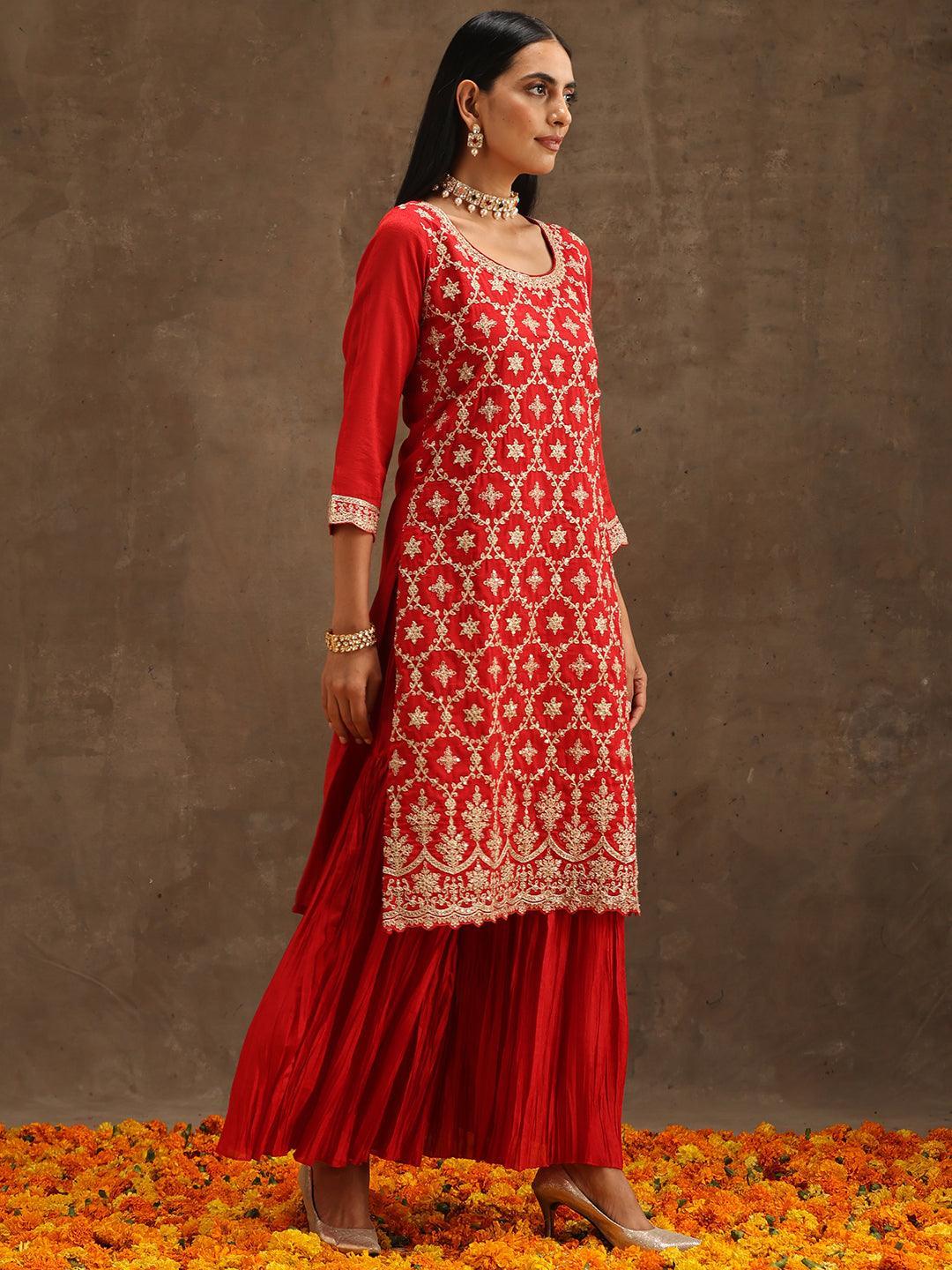 Red Embroidered Silk Blend Straight Suit Set With Sharara - ShopLibas