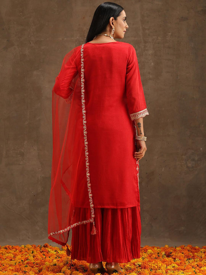 Red Embroidered Silk Blend Straight Suit Set With Sharara - ShopLibas