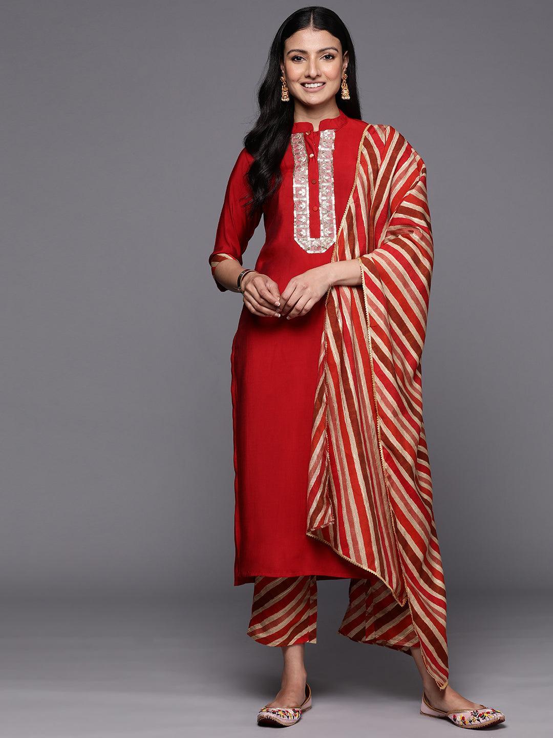 Red Embroidered Silk Blend Straight Suit Set With Trousers