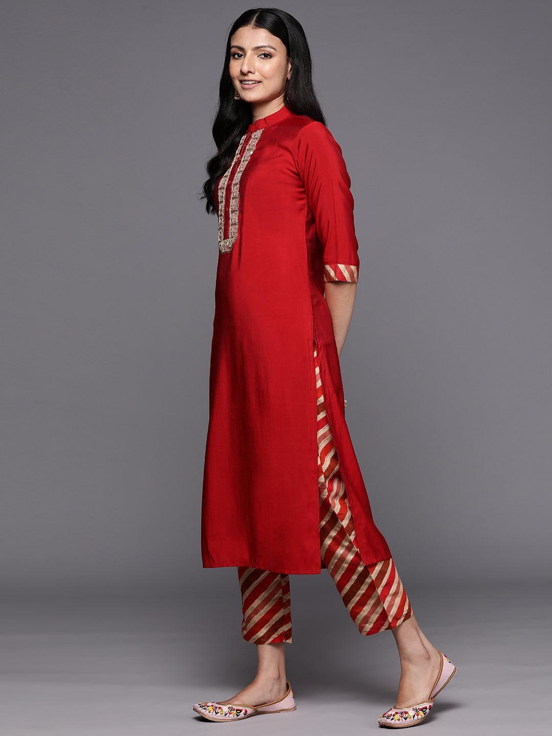 Red Embroidered Silk Blend Straight Suit Set With Trousers