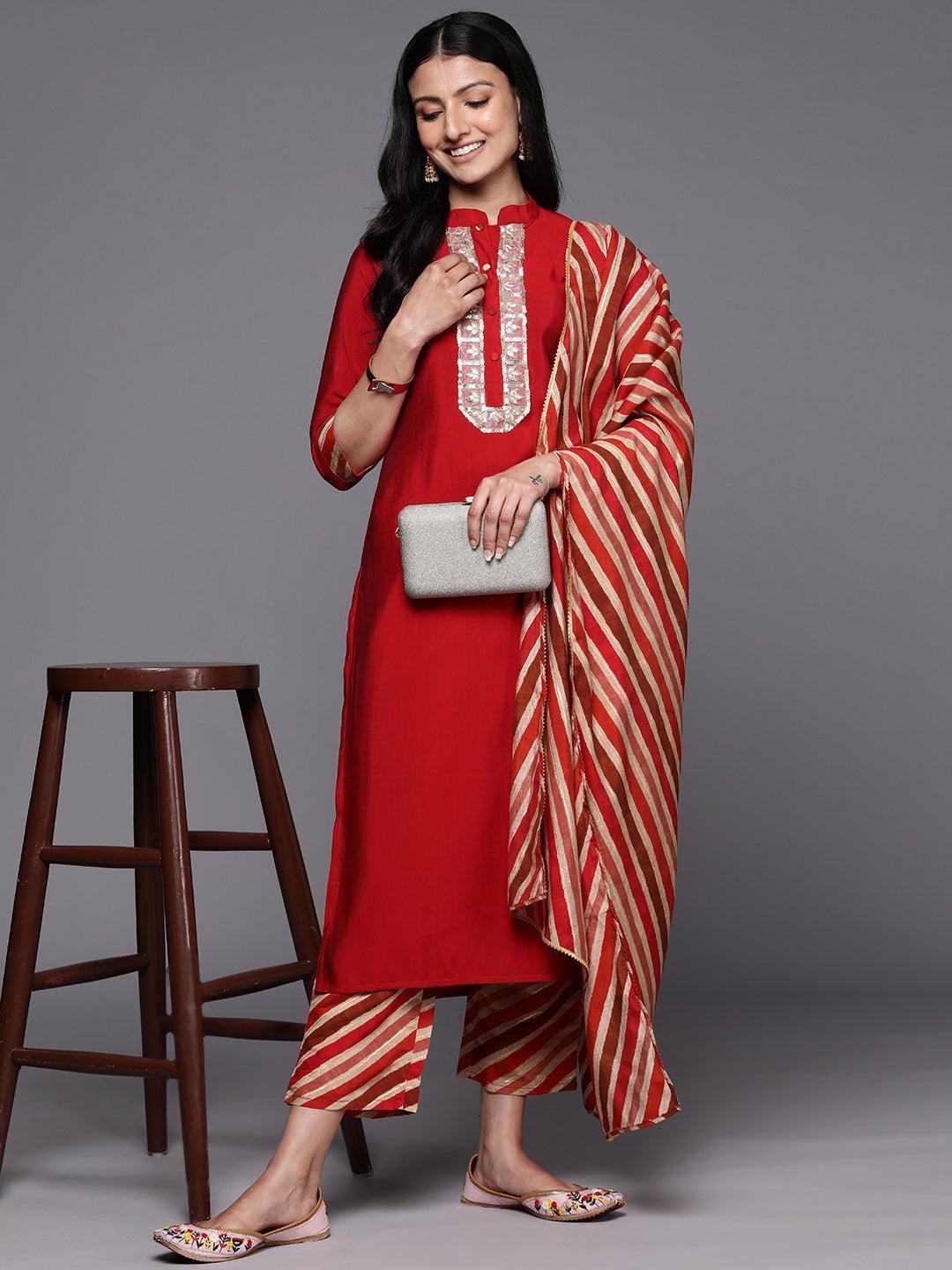 Red Embroidered Silk Blend Straight Suit Set With Trousers