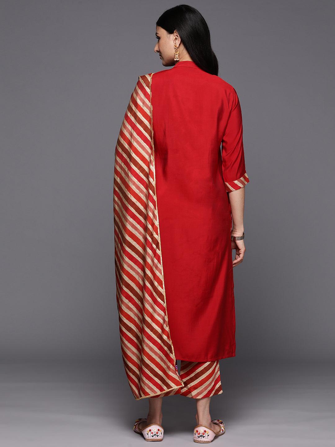 Red Embroidered Silk Blend Straight Suit Set With Trousers