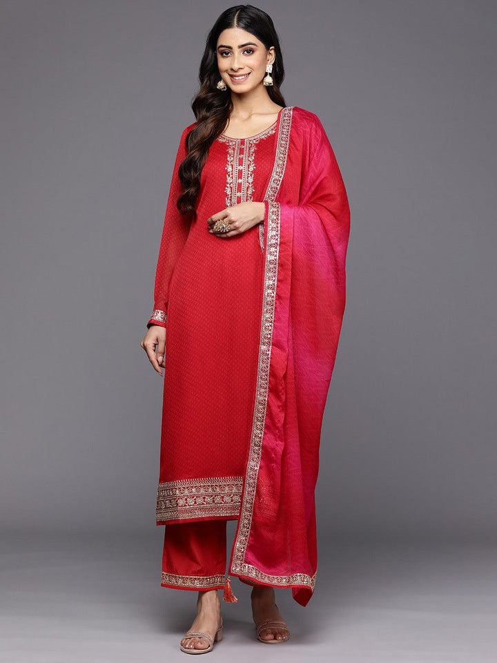 Red Printed Chiffon Straight Suit Set With Trousers - ShopLibas