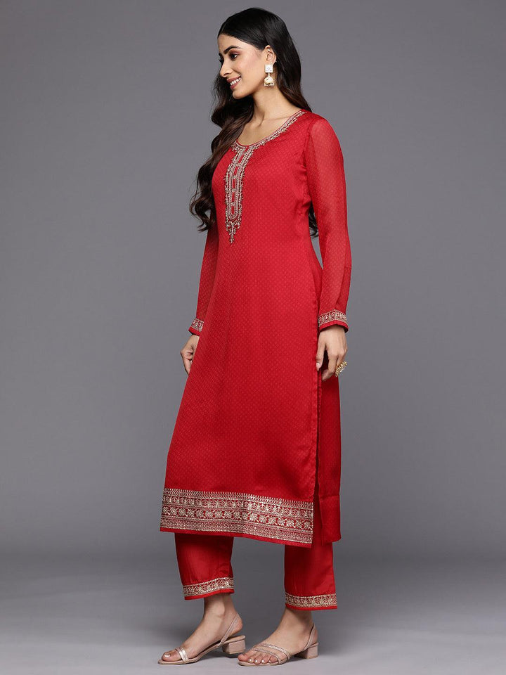 Red Printed Chiffon Straight Suit Set With Trousers - ShopLibas