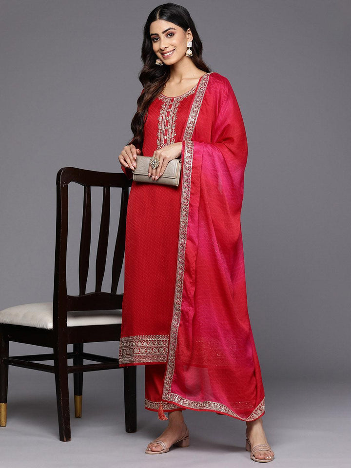 Red Printed Chiffon Straight Suit Set With Trousers - ShopLibas