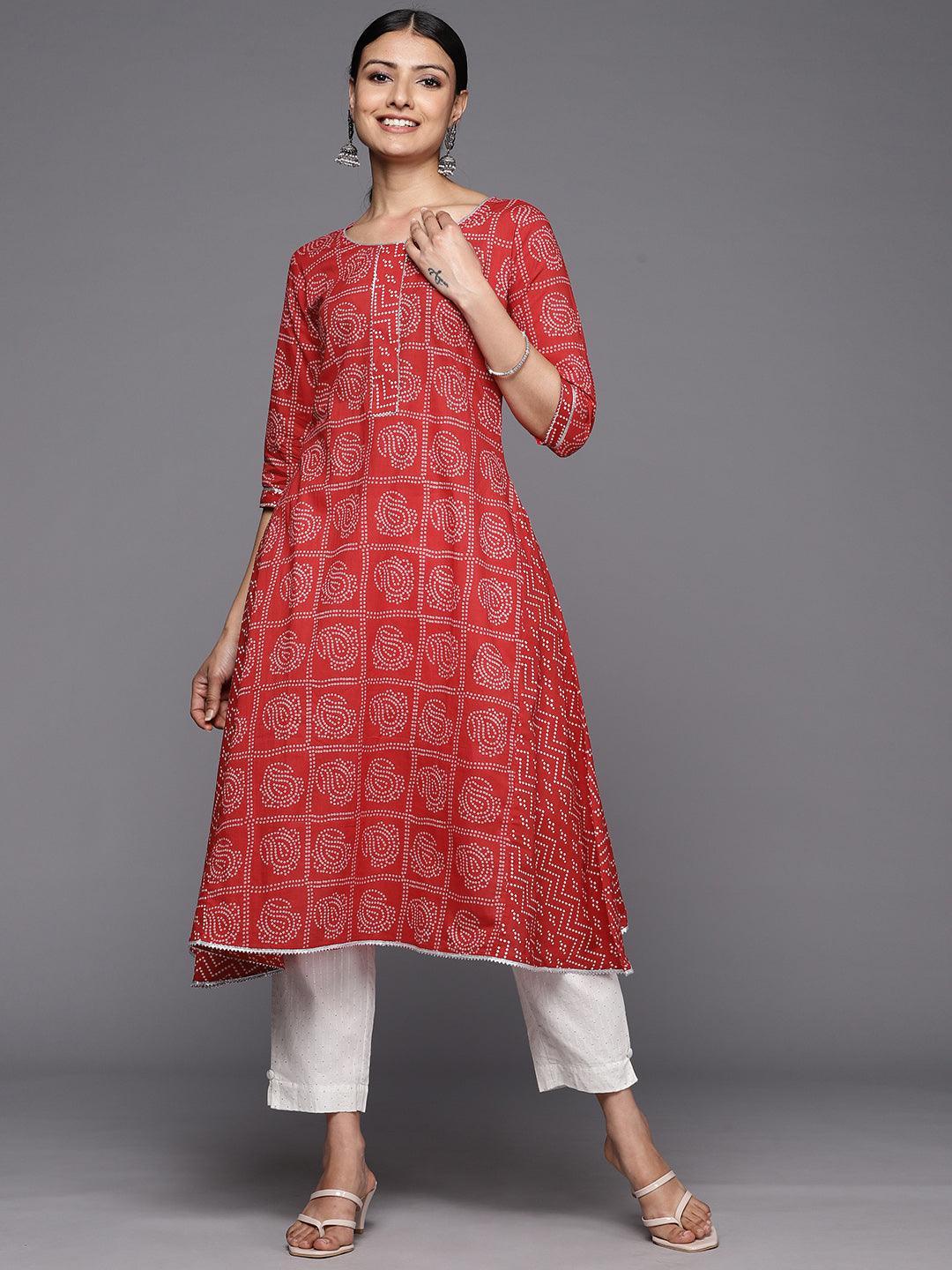 Red Printed Cotton A-Line Kurta