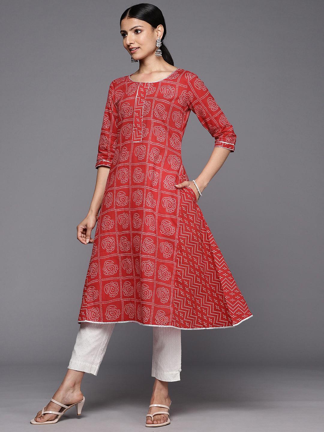 Red Printed Cotton A-Line Kurta