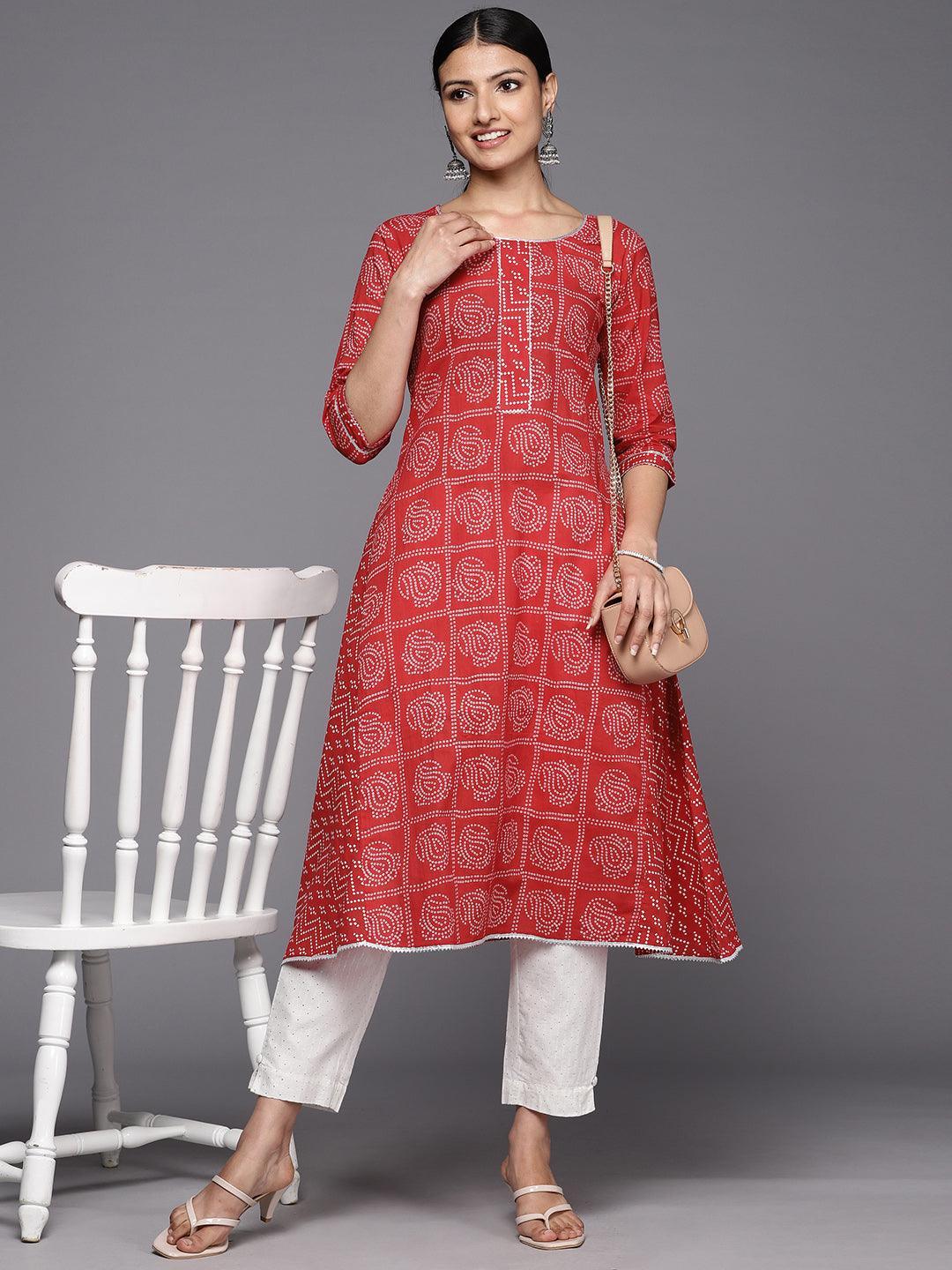 Red Printed Cotton A-Line Kurta