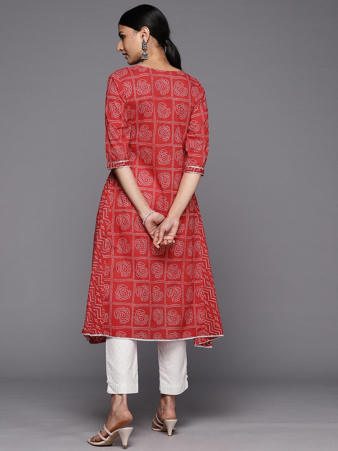 Red Printed Cotton A-Line Kurta