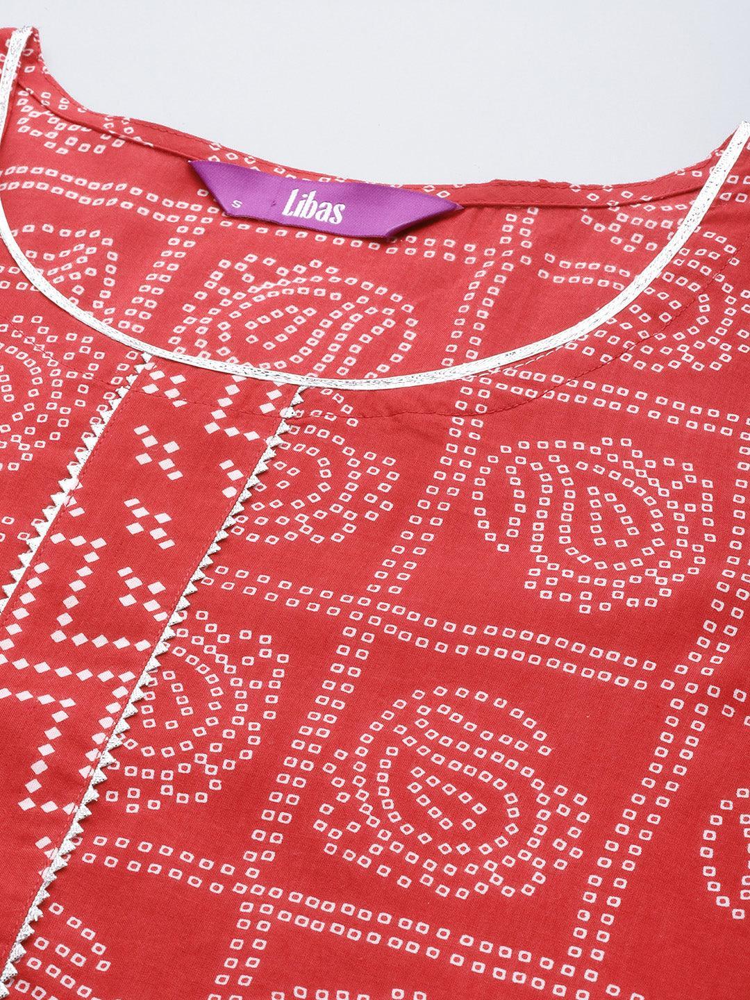 Red Printed Cotton A-Line Kurta