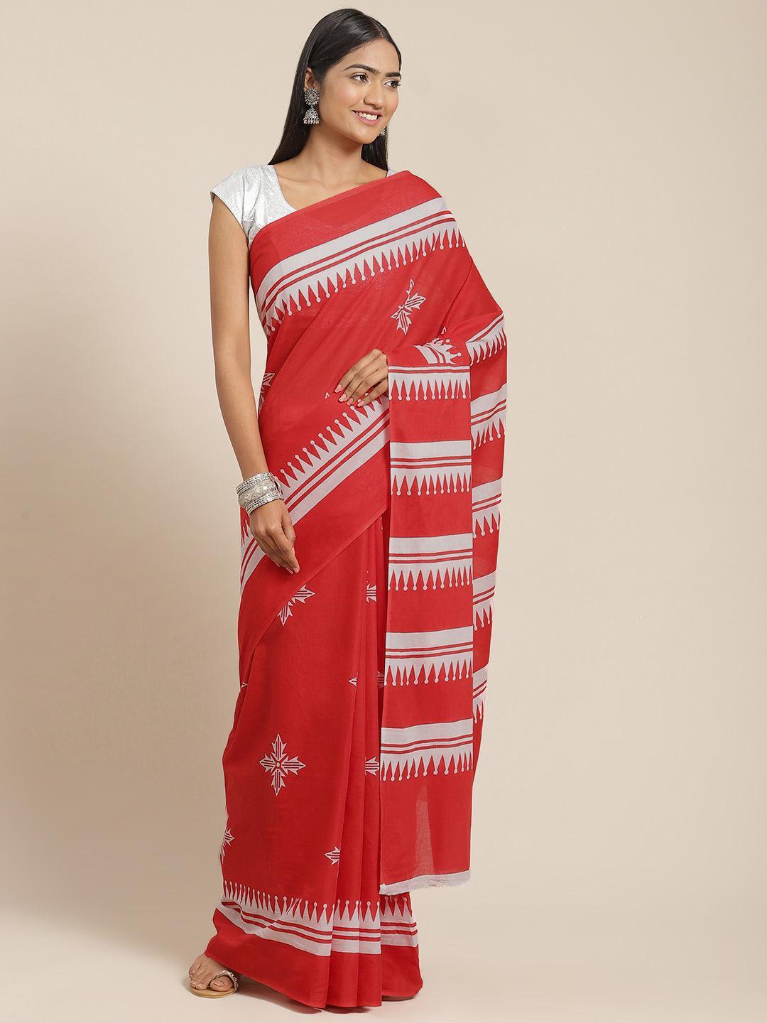 Red Printed Cotton Saree