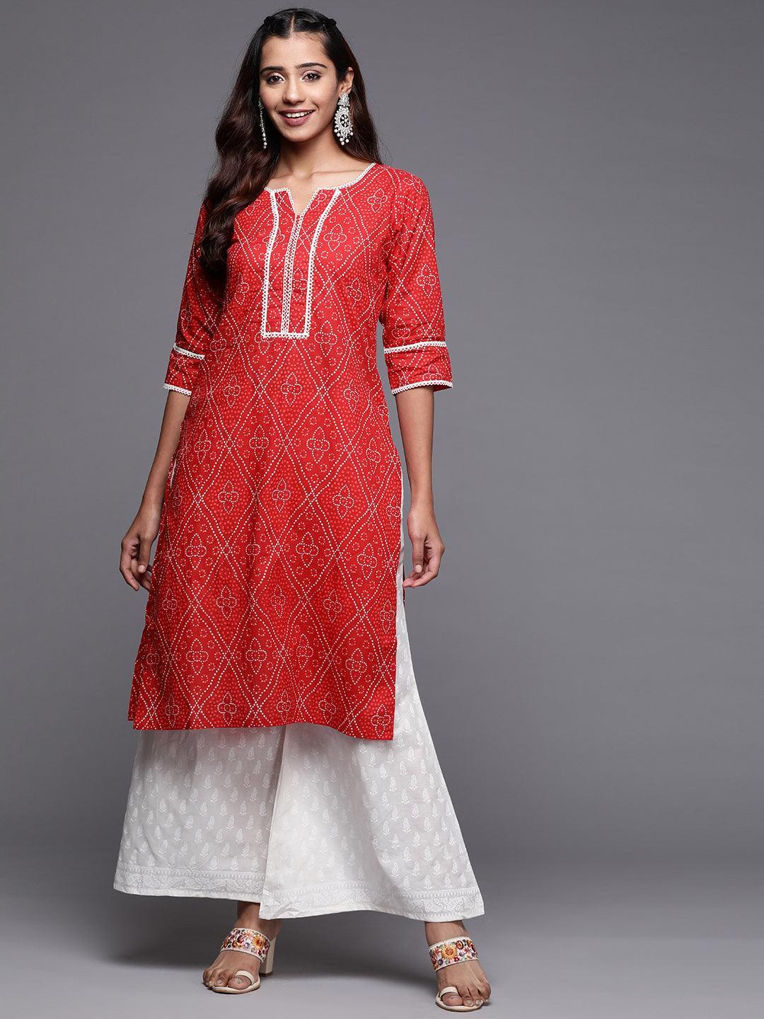 Red Printed Cotton Straight Kurta