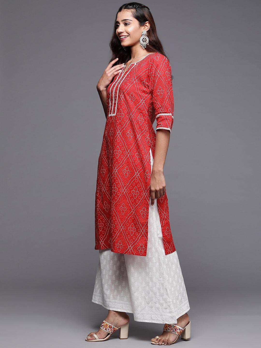 Red Printed Cotton Straight Kurta