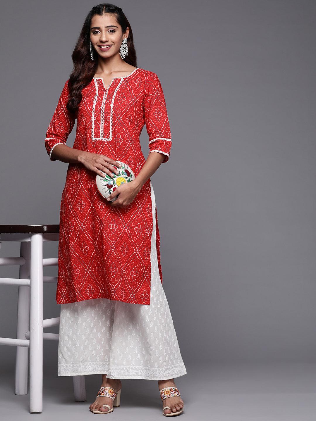 Red Printed Cotton Straight Kurta