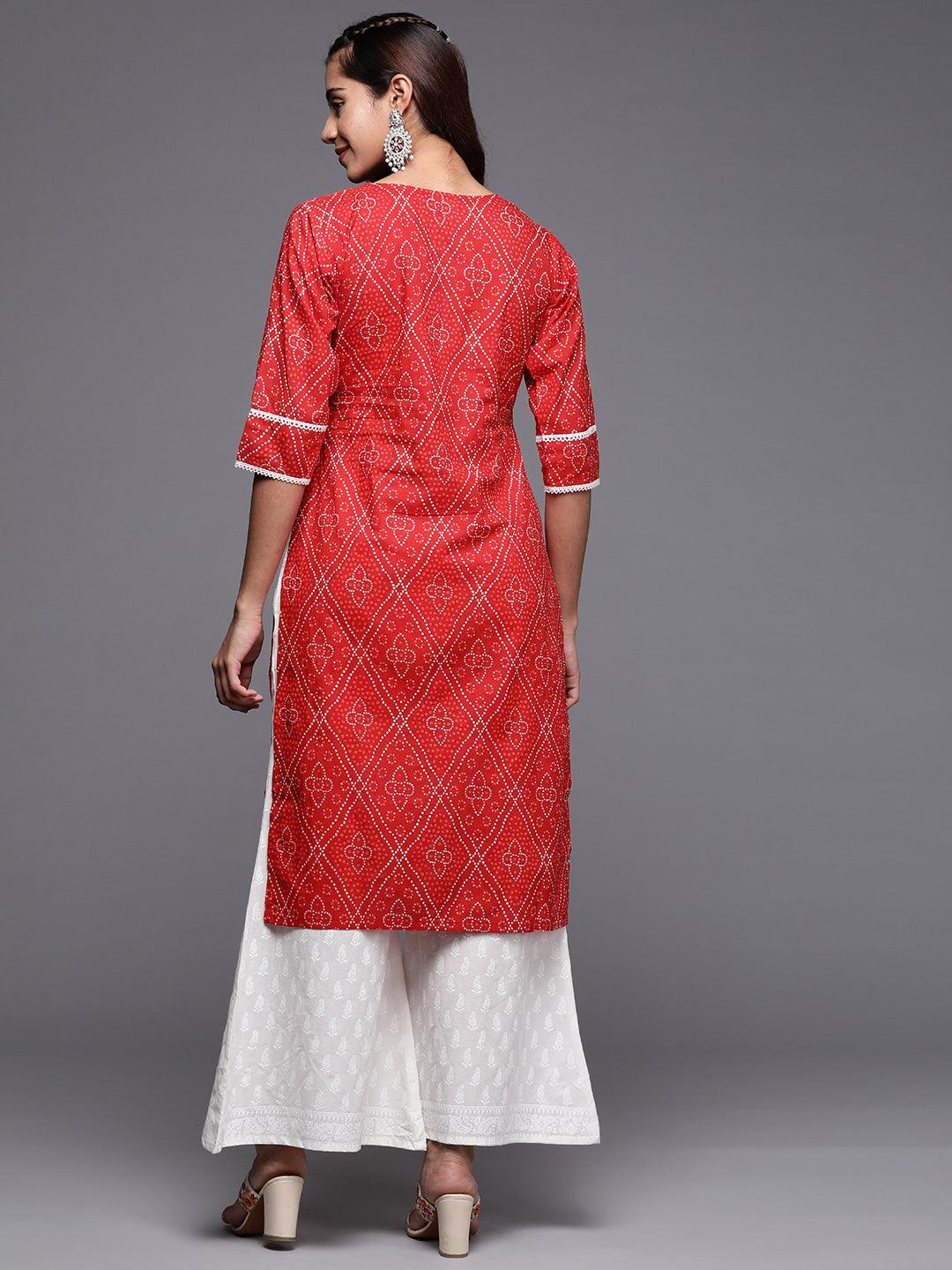 Red Printed Cotton Straight Kurta