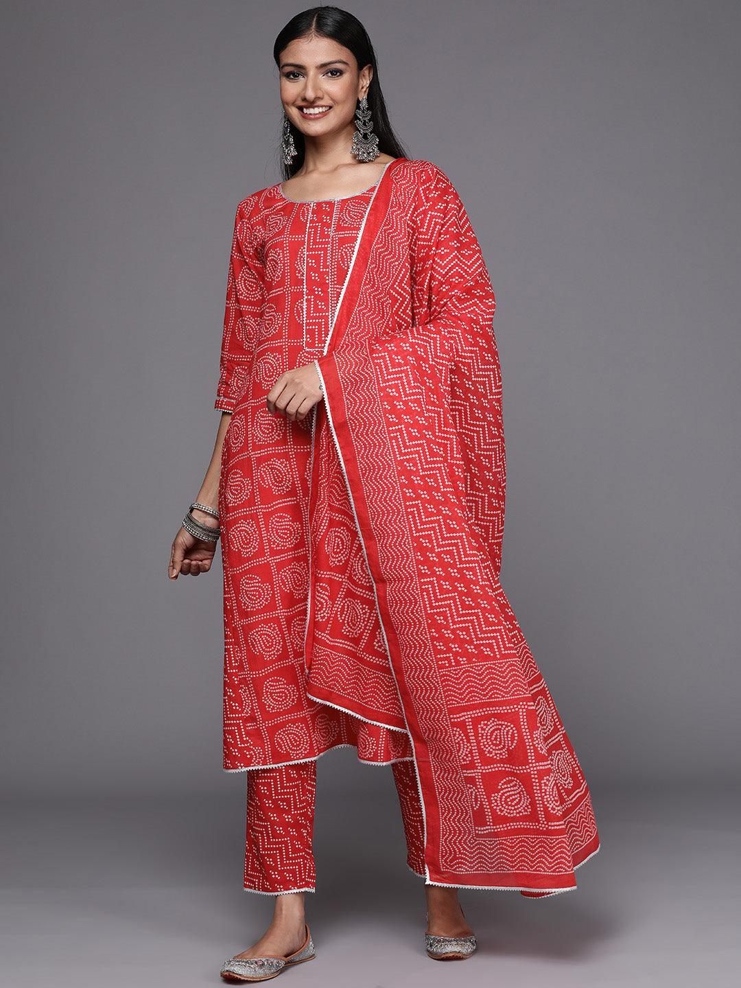 Red Printed Cotton Straight Suit Set