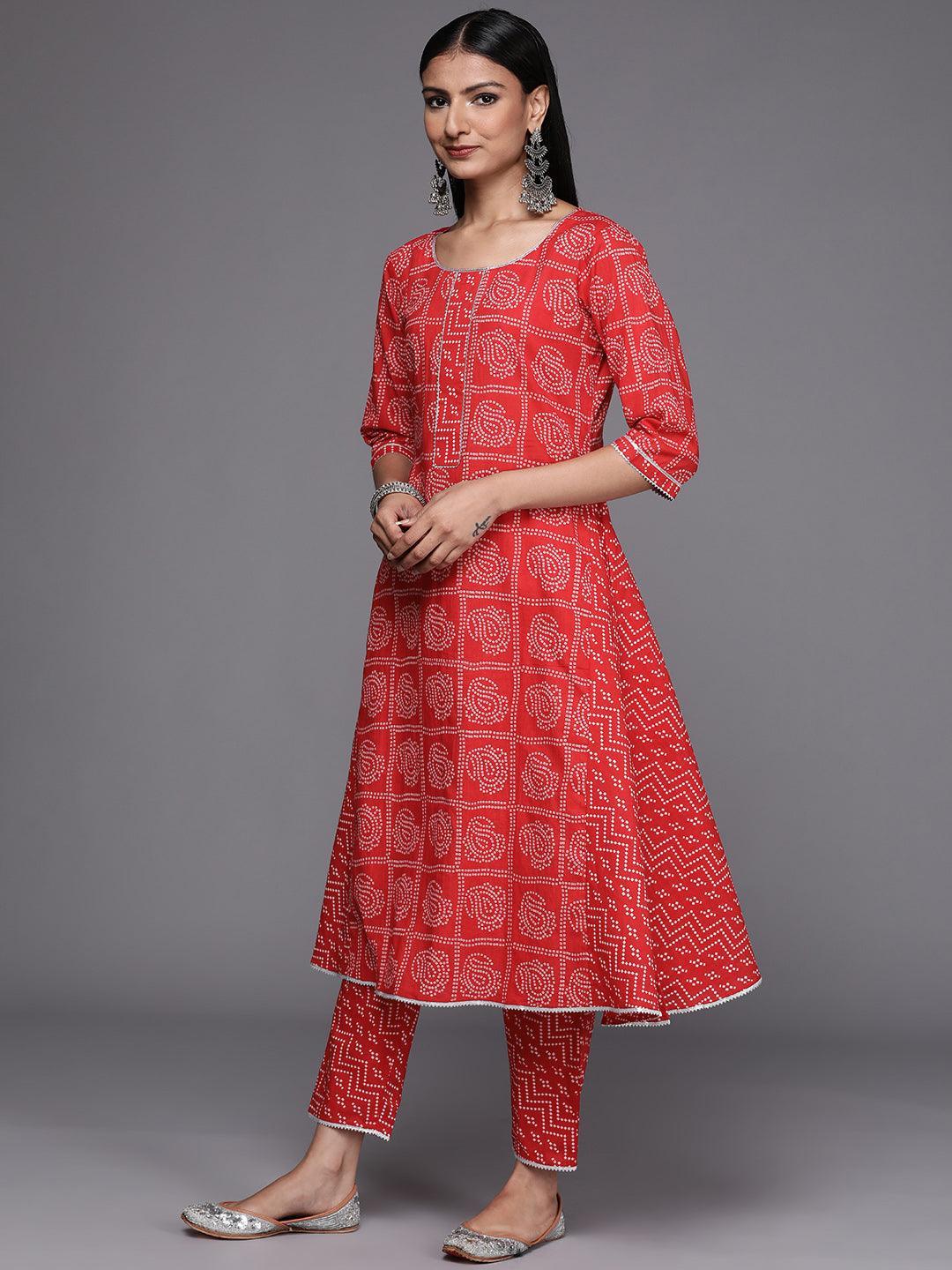 Red Printed Cotton Straight Suit Set