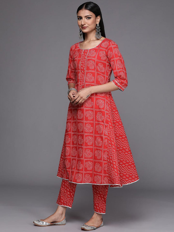 Red Printed Cotton Straight Suit Set - ShopLibas