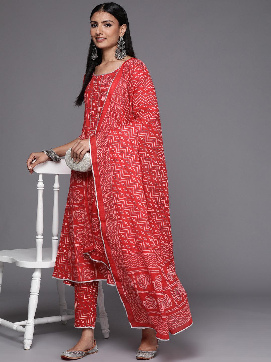 Red Printed Cotton Straight Suit Set