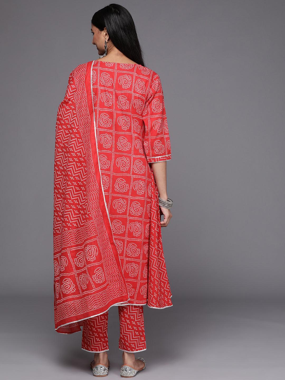 Red Printed Cotton Straight Suit Set