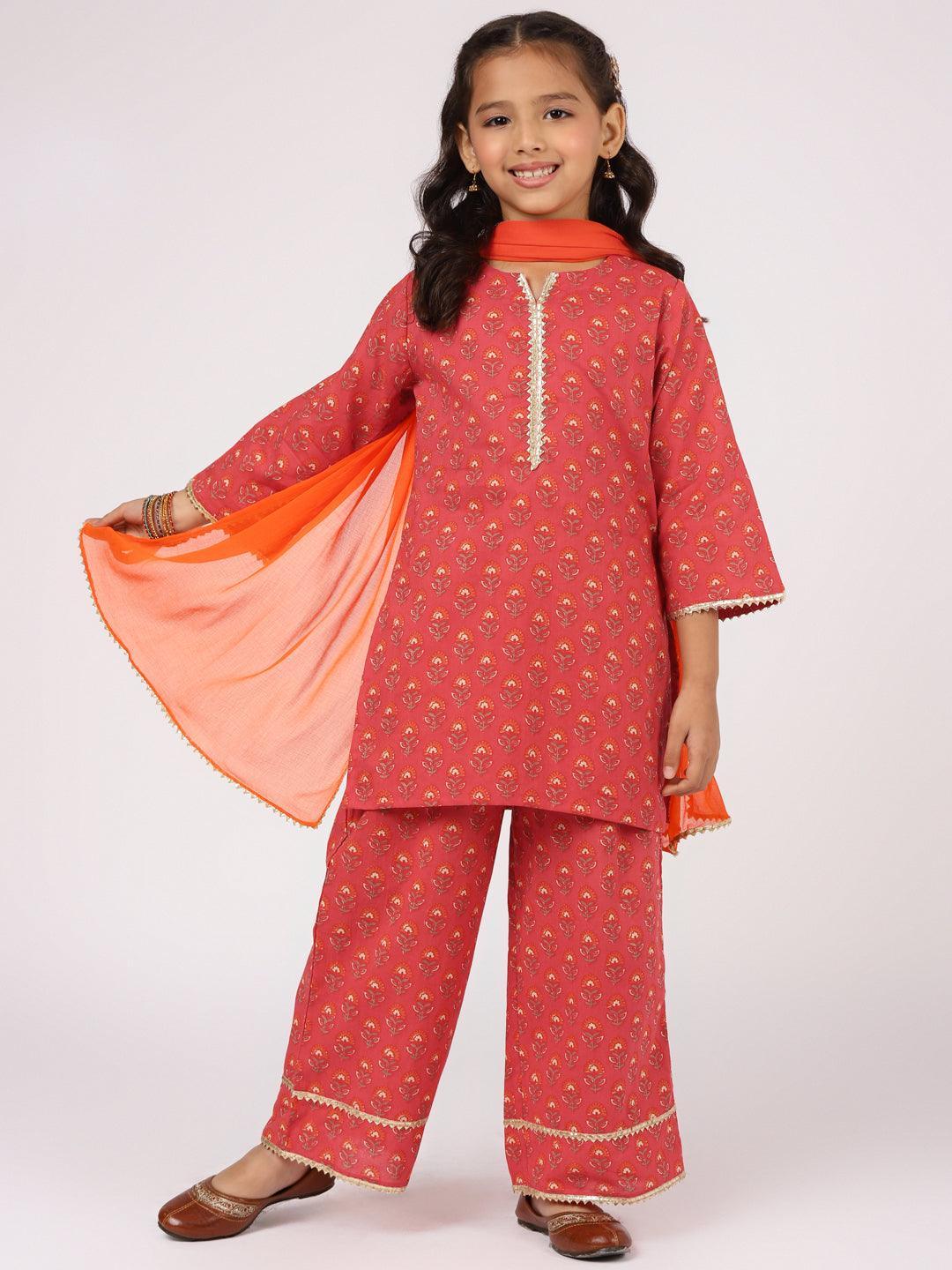 Red Printed Cotton Straight Suit Set - ShopLibas