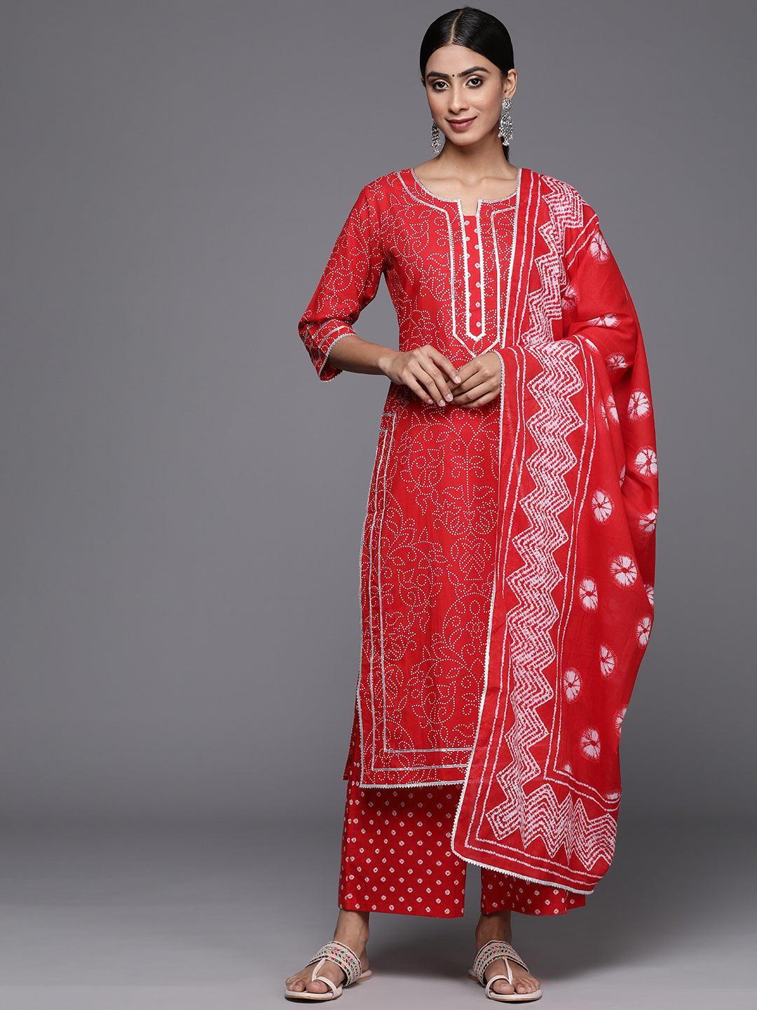 Red Printed Cotton Straight Kurta With Palazzos & Dupatta