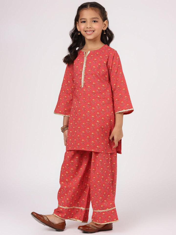 Red Printed Cotton Straight Suit Set - ShopLibas