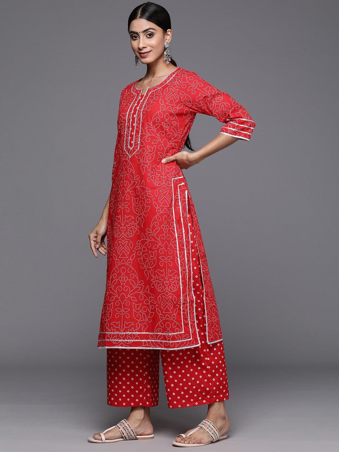 Red Printed Cotton Straight Kurta With Palazzos & Dupatta