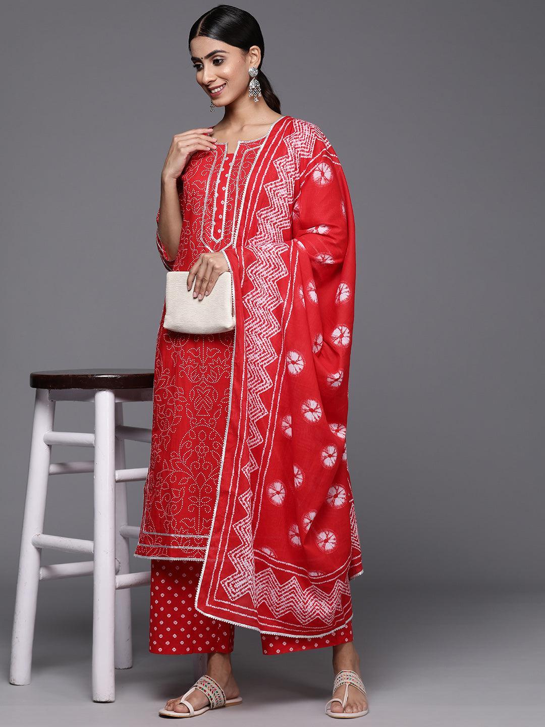 Red Printed Cotton Straight Kurta With Palazzos & Dupatta