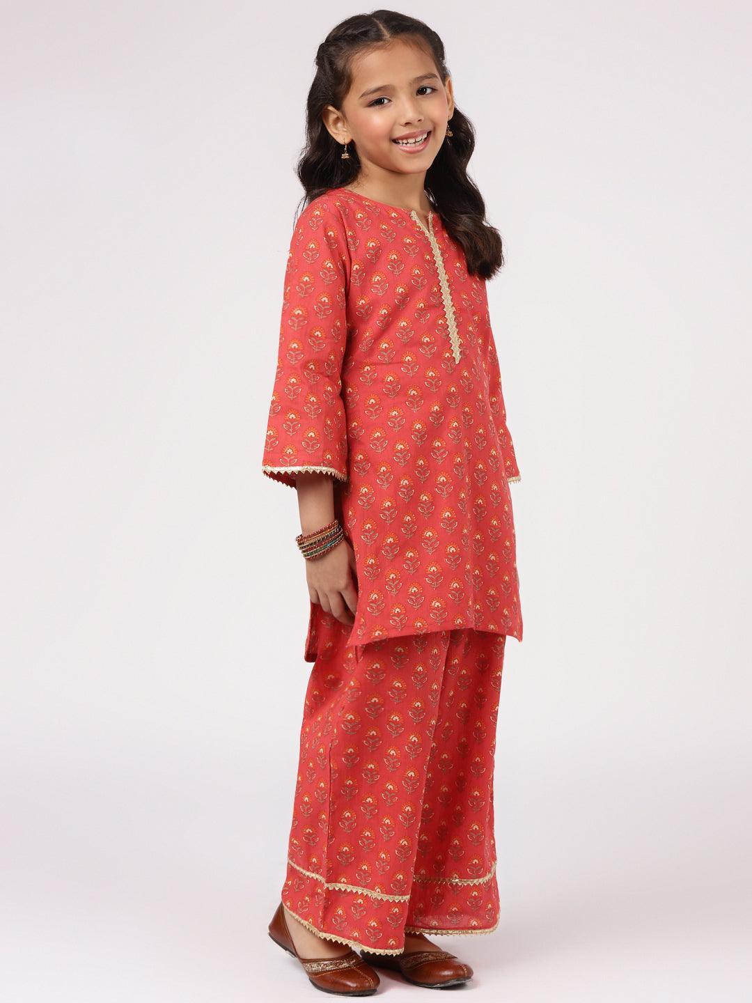 Red Printed Cotton Straight Suit Set - ShopLibas