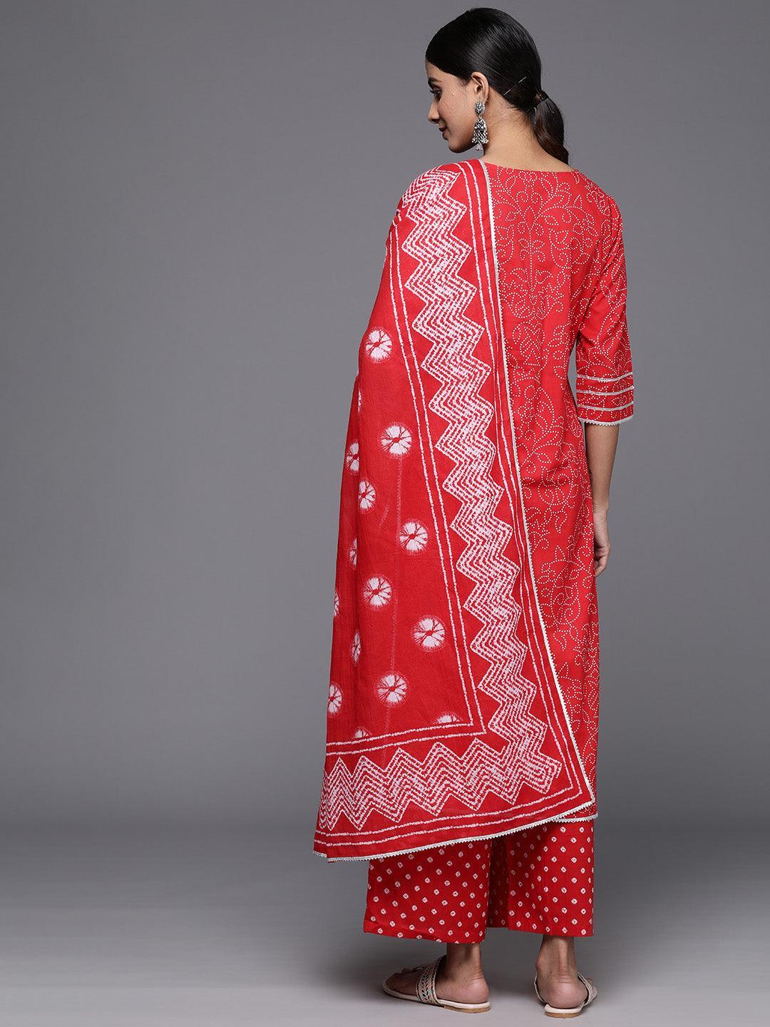 Red Printed Cotton Straight Kurta With Palazzos & Dupatta